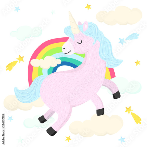 Vector cute pink unicorn jumping in the sky. Magic set of baby unicorn  clouds  rainbow and falling stars. Adorable cartoon animal illustration