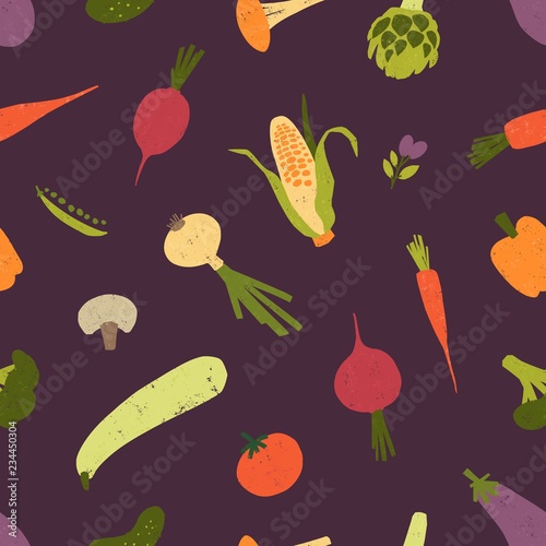 Seamless pattern with raw vegetables and mushrooms on black background. Backd...