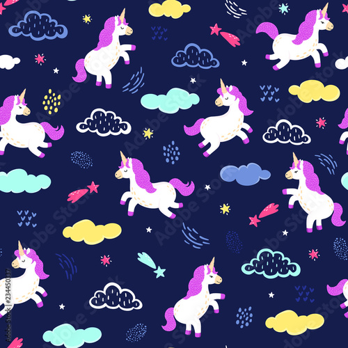 Vector unicorns jumping in the night sky. Seamless pattern with cute white unicorns, clouds, stars and other hand drawn elements. Adorable animal background