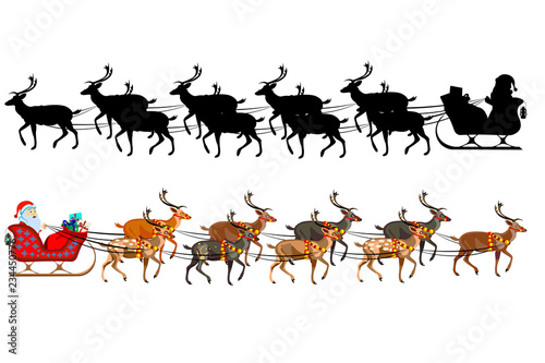 Santa Claus on a sleigh with reindeer  with a handful of gifts. Silhouette of santa claus.
