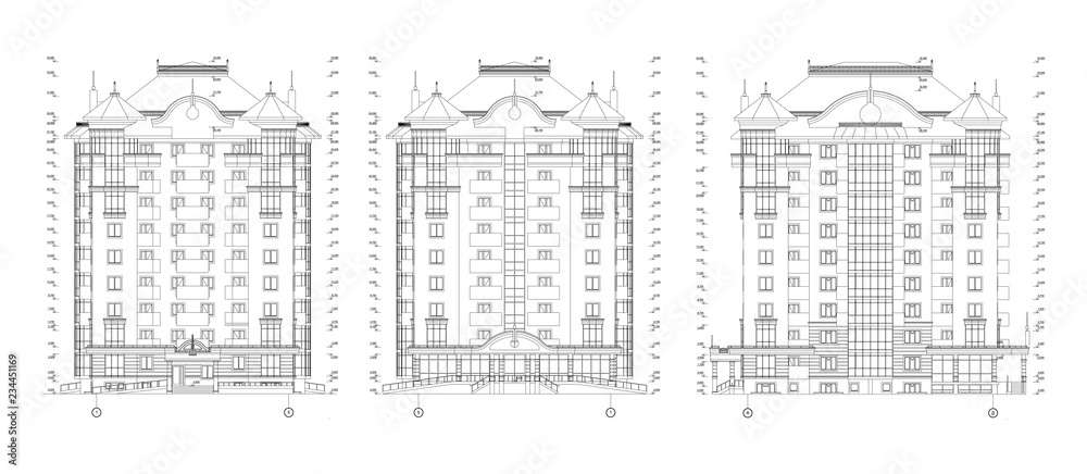 Multistory building facade, detailed architectural technical drawing, vector blueprint