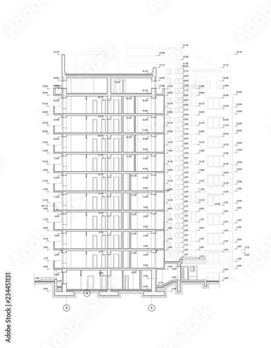 Multistory building section, detailed architectural technical drawing, vector blueprint