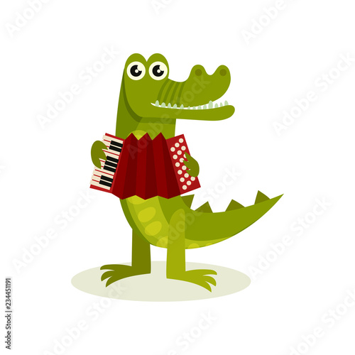 Funny humanized crocodile playing accordion. Green predatory animal. Flat vector element for children book