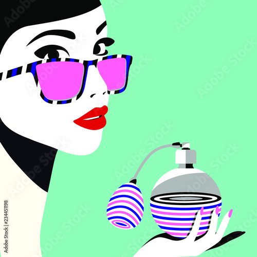 Beautiful woman holding a vintage perfume bottle with atomizer. Vector illustration