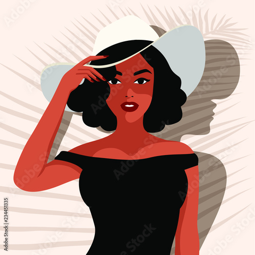 Beautiful smiling woman holding hat. Tanned lady portrait, vogue style. Vector illustration
