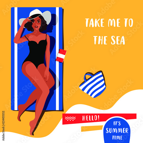 Beautiful woman in hat lying on the beach towel. Young attractive girl  in elegant black swimsuit relaxing on the beach. Summer vacation concept, tanned lady, vogue style. Character design. Vector
