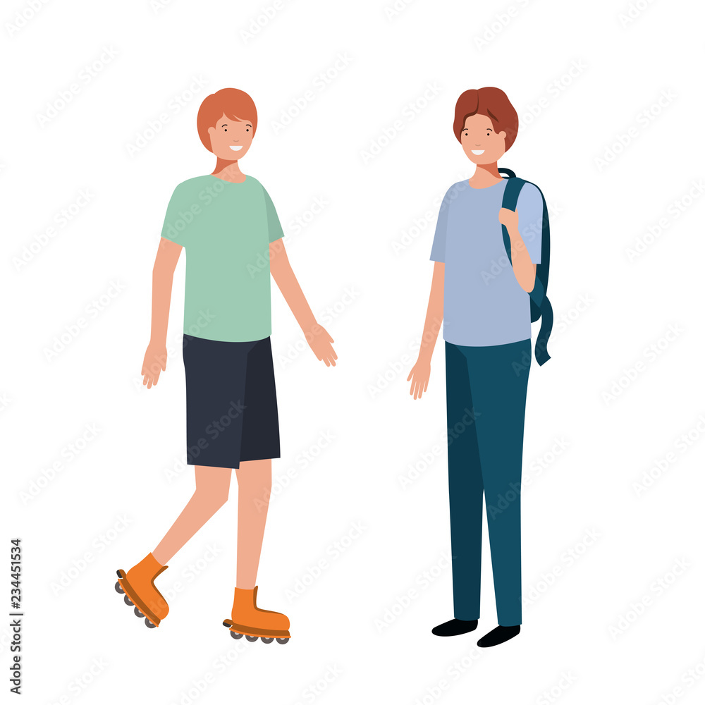 young man with school bag and young man practicing skating