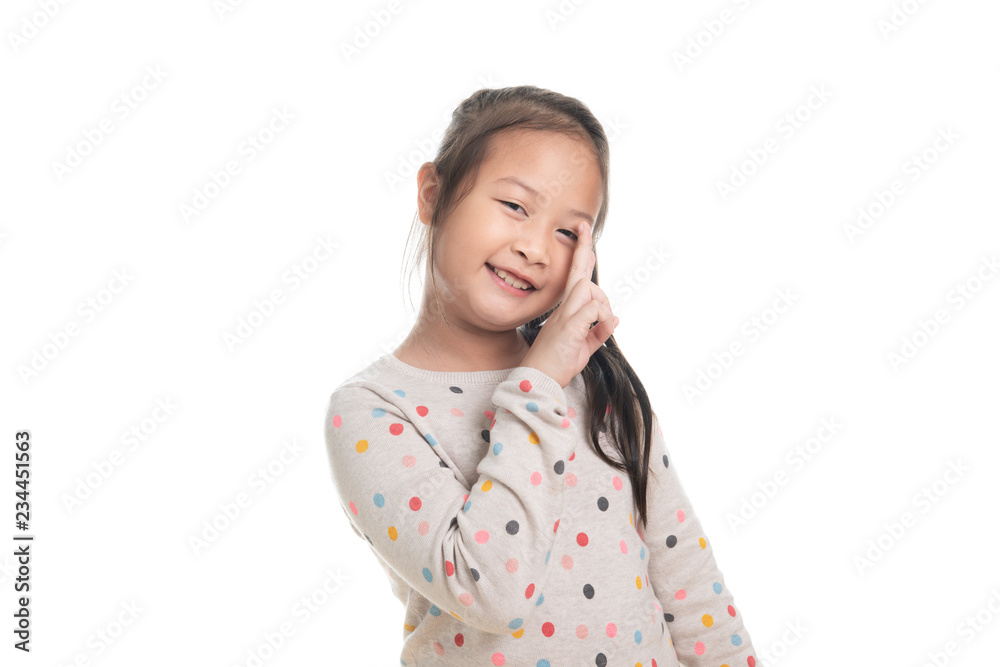 Cute kid southeast asian girl age 7 years in acting isolated on white Cute kid southeast asian girl age 7 years in acting isolated on white