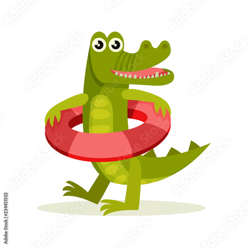 Flat vector icon of crocodile with red inflatable ring. Cartoon character of funny humanized animal