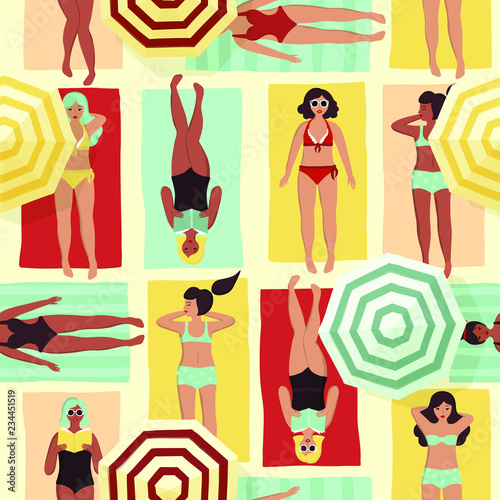 Seamless pattern of hand drawn people sunbathing, relaxing and reading books on the beach. Vector set of women in bikini lying on the beach towel, top view. Endless summer background with pretty girls