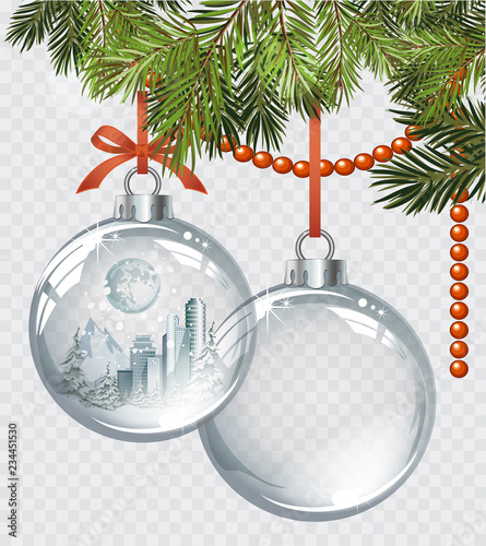 Vector Christmas fir tree with realistic and transparent silver Christmas balls on a light abstract background
