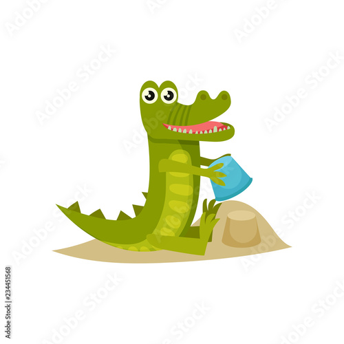 Cute baby crocodile building sand castle at the beach. Funny humanized animal. Flat vector icon