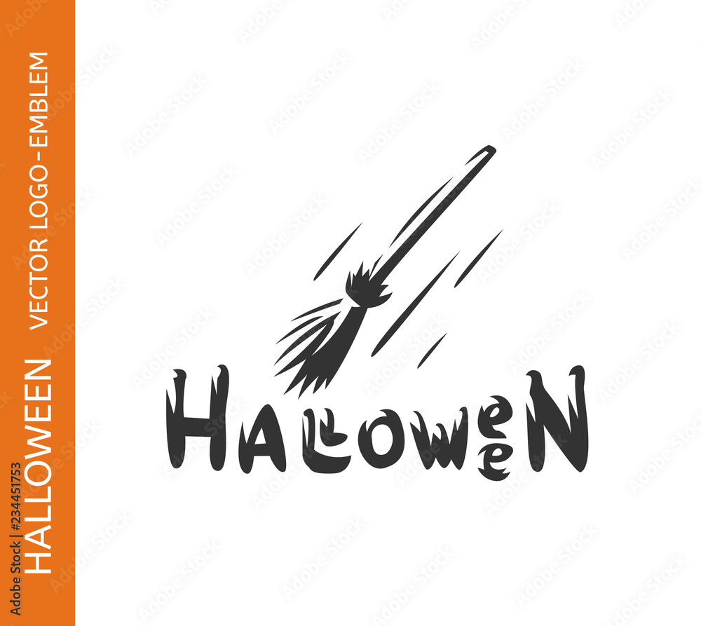 Witch broom logo - emblem design on white background, halloween vector illustration