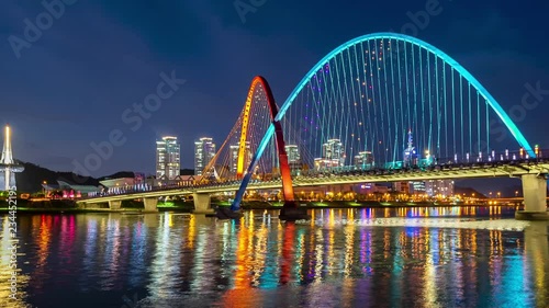 Colorful bridge and reflection Expo Bridge in Daejeon, South Korea.Timelapse 4k photo
