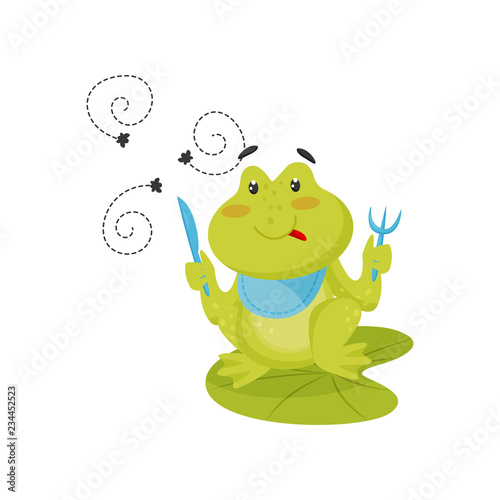Funny green frog sitting on lotus leaf with knife and fork in its paws, ready to eat flies. Flat vector icon