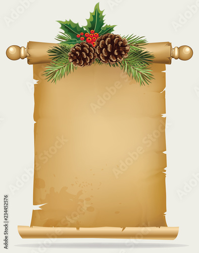 Vector branch of Christmas tree with pine cone and old paper scroll