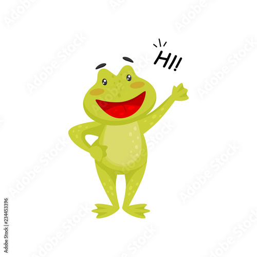 Friendly frog waving paw and saying Hi . Cheerful green toad. Flat vector element for children book