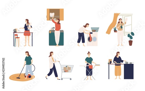 Collection of scenes with woman or housewife doing housework - washing dishes, ironing clothes, cleaning window, cooking, feeding baby, shopping. Colorful vector illustration in flat cartoon style. photo
