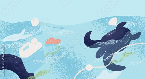 Ocean with aquatic animals and plastic garbage floating in water. Environmental issue or ecology problem of marine pollution, rubbish in sea. Colorful vector illustration in flat cartoon style.