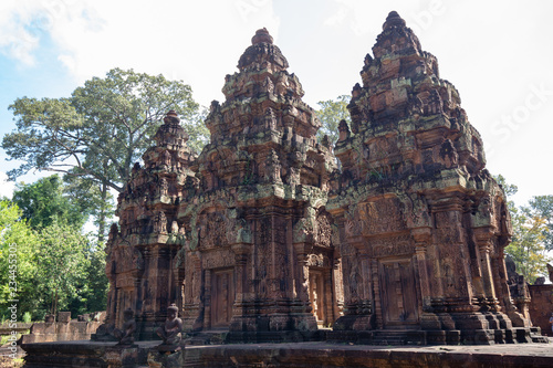 Banteay Srei Temple (Ban Tai Srei Temple) of the Angkor Complex in Cambodia, Asia which Spectacular pediments adorn the buildings of the 10th Century and dedicated to the Hindu god Shiva.