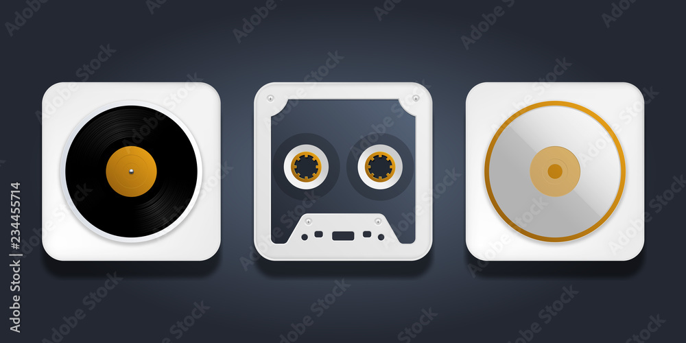 Triple Music Icon Pack. Record Cassette CD Vector Illustration. Triple Music Icon Pack. Record Cassette CD Vector Illustration.