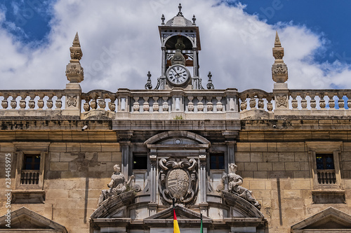 Architectural fragments of Royal Chancellery of Granada (La Real Chancilleria de Granada or Real Audiencia y Chancilleria de Granada, 1587) - building located in Plaza Nueva. Granada, Andalusia, Span.