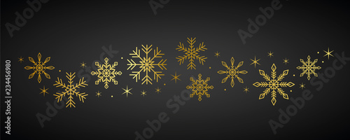 golden snowflakes and stars border on dark background vector illustration EPS10