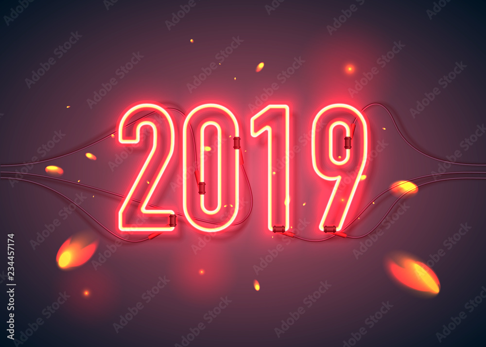 Happy New Year with neon sign 2019 on dark background. Christmas related ornaments objects on color background. Greeting Card Ready for your design. Vector Illustration.