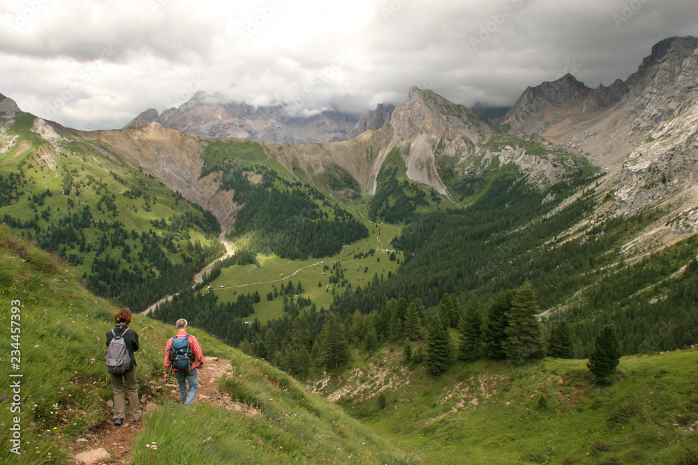 Escursionisti nella Val San Nicolò, panorama con cima Costabella e Monzoni