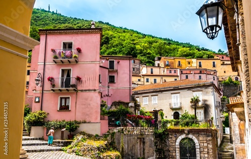 Fototapeta Naklejka Na Ścianę i Meble -  MARATEA, ITALY, CALABRIA - The old town of Maratea with narrow streets and stairs on the coast of Tyrrhenian Sea (Mar Tirreno) in the south of Italy
