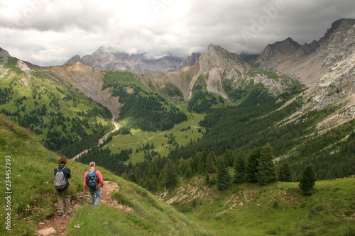 Escursionisti nella Val San Nicolò, panorama con cima Costabella e Monzoni photo