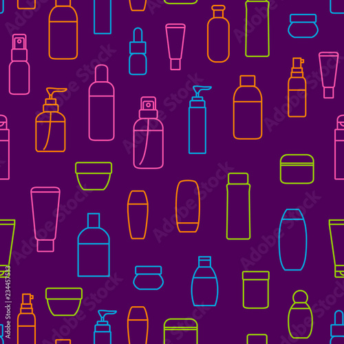 Cosmetic Bottles Signs Thin Line Seamless Pattern Background. Vector