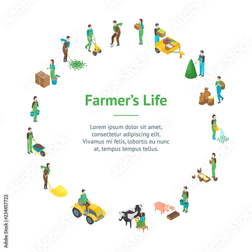 Farmers at Work 3d Banner Card Circle Isometric View. Vector
