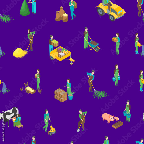 Farmers at Work 3d Seamless Pattern Background Isometric View. Vector