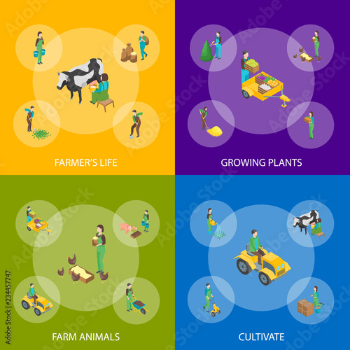 Farmers at Work 3d Banner Set Isometric View. Vector