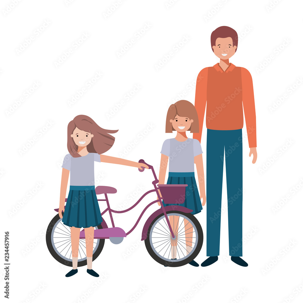 father and daughters with bycicle avatar character father and daughters with bycicle avatar character