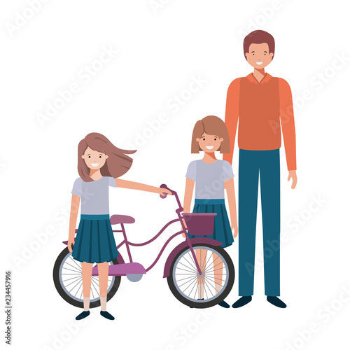 father and daughters with bycicle avatar character