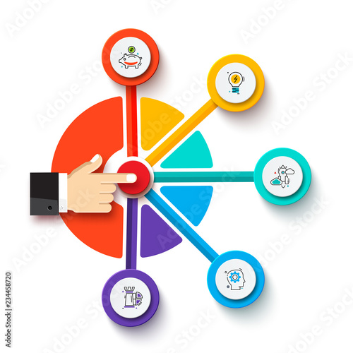 Finger presses the button. Business process infographics with 5 steps. Modern vector infochart layout design.