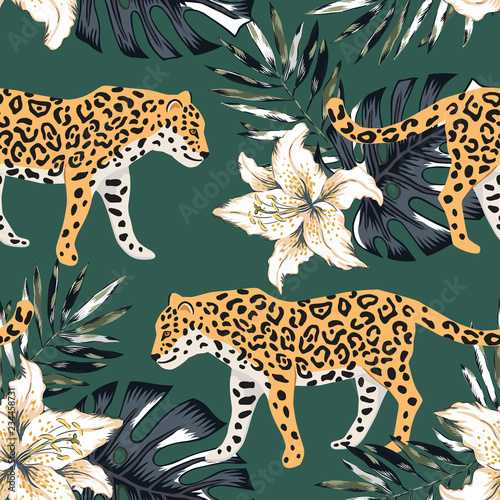 Tropical leopard animal, lily flowers, palm leaves, dark green background. Vector seamless pattern. Graphic illustration. Exotic jungle plants. Summer beach floral design. Paradise nature