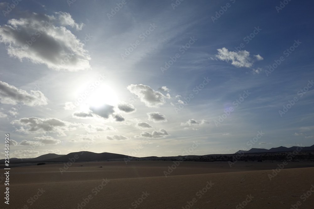 Low sun late afternoon, in the natural park,Corralejo,Fuerteventura,Canary-Islands,Spain.