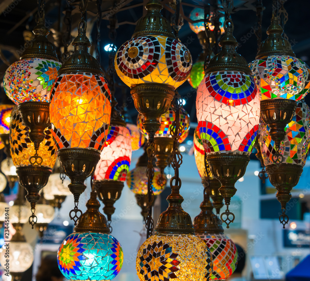 Beautiful colorful Turkish mosaic crafted of colored glass decorative lamps oriental traditional light traditional handmade of Istanbul, Turkey