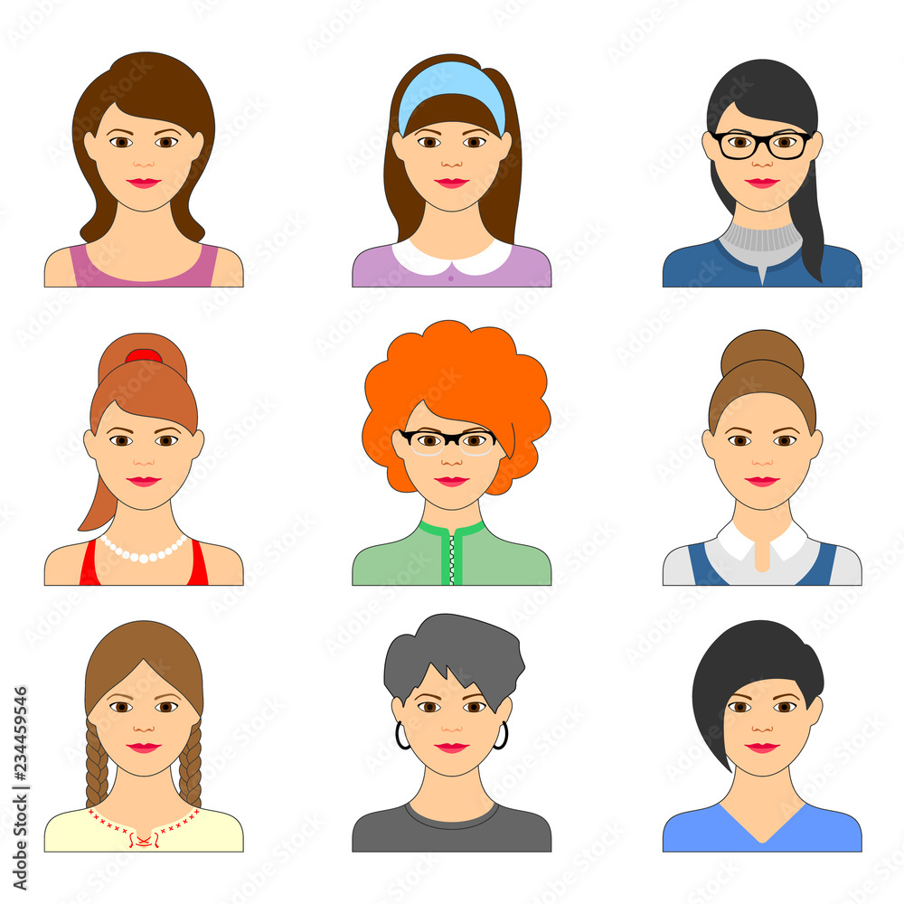 Set of female avatar. Collection of different women faces on isolated background. Set of female avatar. Collection of different women faces on isolated background.