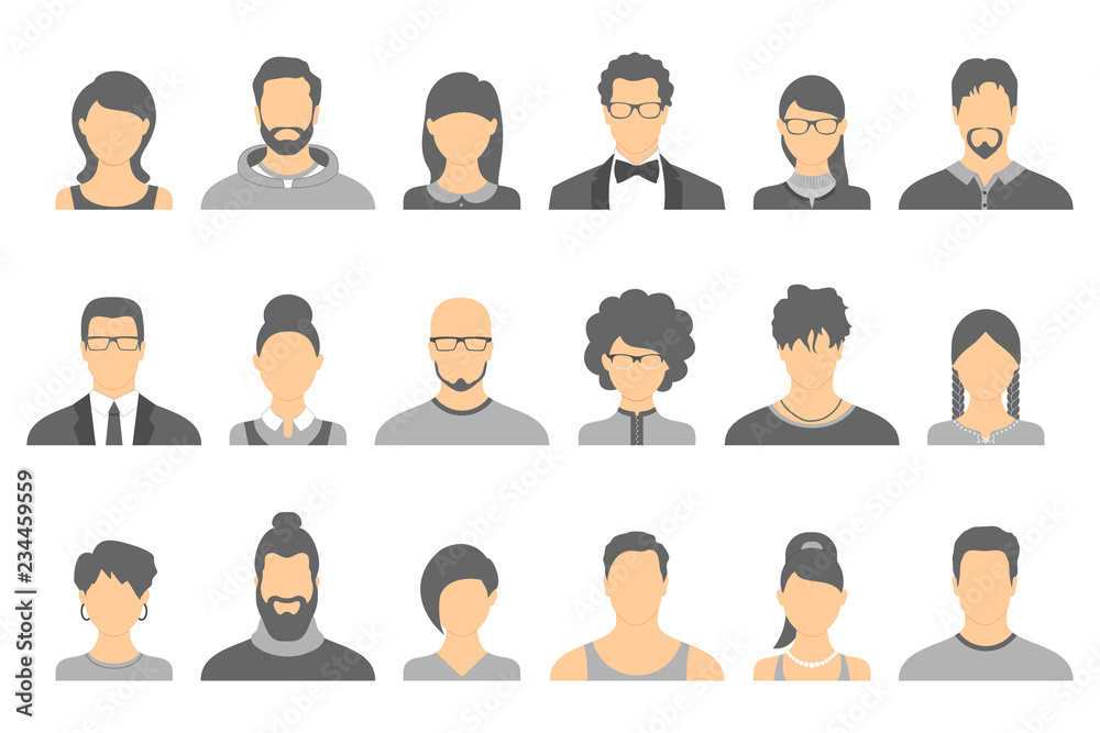 Set of anonymous avatar icons. Vector collection of different male and female faces on isolated background. Set of anonymous avatar icons. Vector collection of different male and female faces on isolated background.