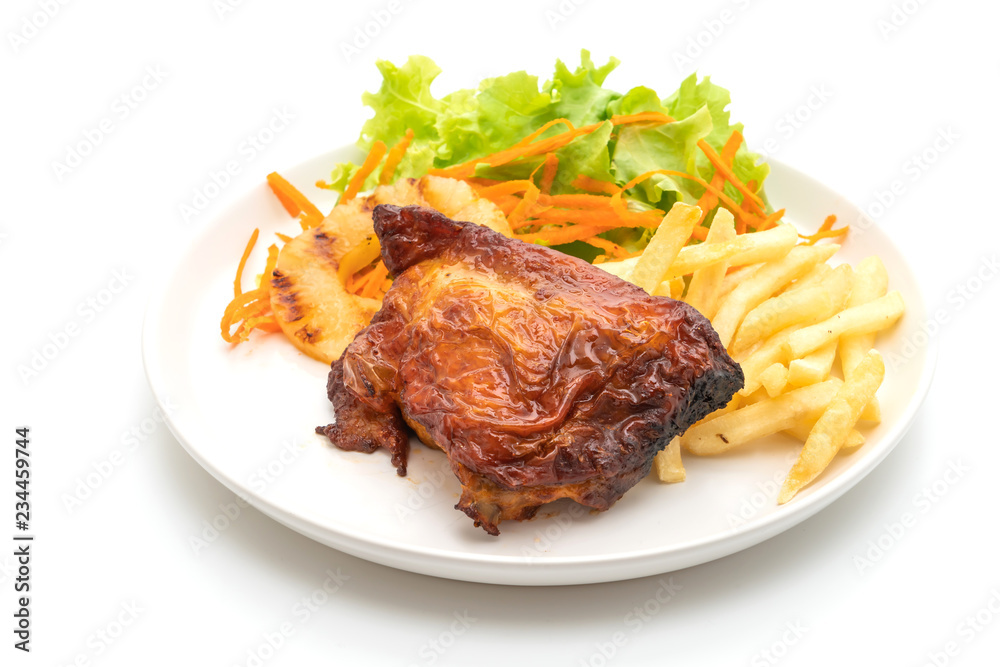 grilled chicken steak with vegetable and french fries