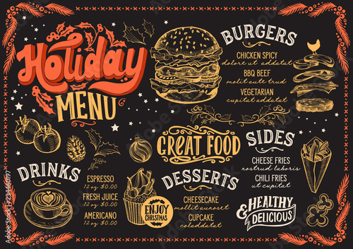 Christmas menu for burger restaurant, food template.