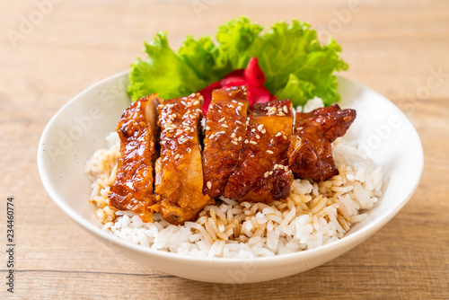 grilled chicken with teriyaki sauce on topped rice