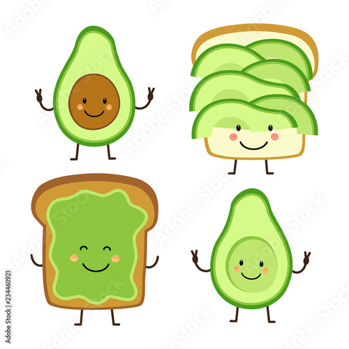 Cute hand drawn cartoon characters of avocado and toast