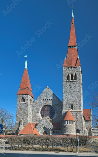 Western facade of Tampere Cathedral (St John's church), Finland. The church was built between 1902 and 1907 in the National Romantic style.