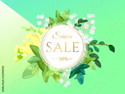 Floral spring design with white and yellow flowers, green leaves, eucaliptus and succulents on bright background. Round template for sale banner or flyer. Vector illustration.