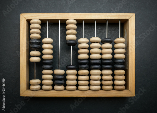 Old wooden abacus on dark background. photo